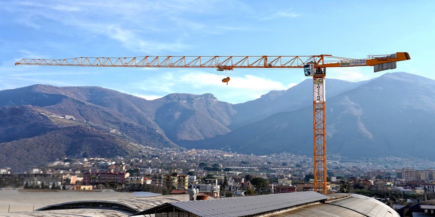 Grove GMK7450 all-terrain crane assembles Potain tower crane for roof replacement at Italian tomato processing plant